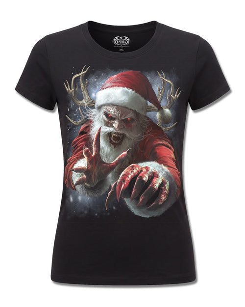 Spiral Naughty Or Nice Santa design, front view on Black F775, Rock Off Retail official merch