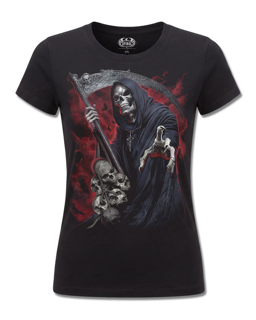 Spiral Reaper Revenge design, front view on Black F775, Rock Off Retail official merch