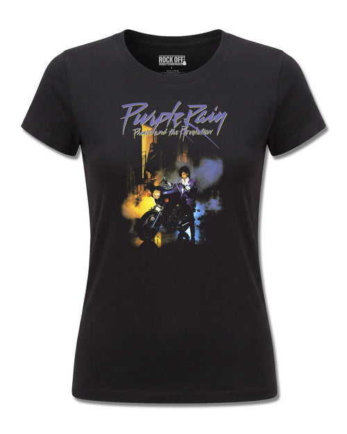 Prince Purple Rain (Prince) design, front view on Black F775, Rock Off Retail official merch