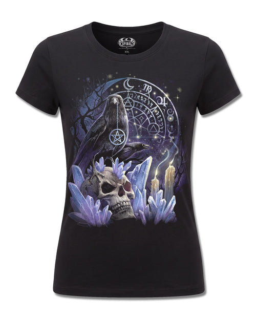 Spiral Witchcraft design, front view on Black F775, Rock Off Retail official merch