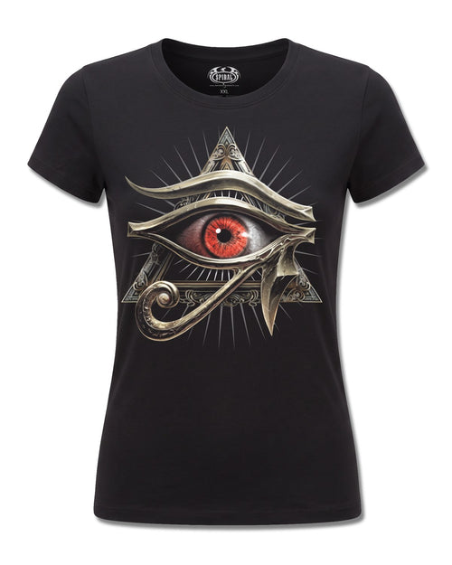 Spiral Evil Eye design, front view on Black F775, Rock Off Retail official merch