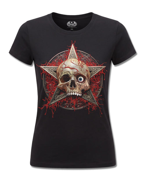 Spiral Creeping Curse design, front view on Black F775, Rock Off Retail official merch