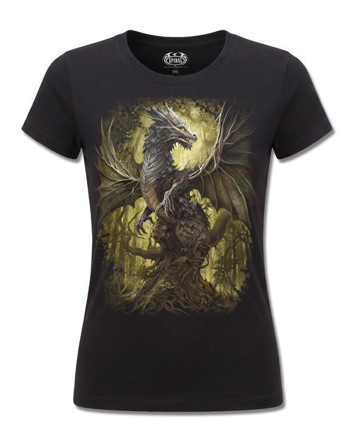Spiral Oak Dragon design, front view on Black F775, Rock Off Retail official merch