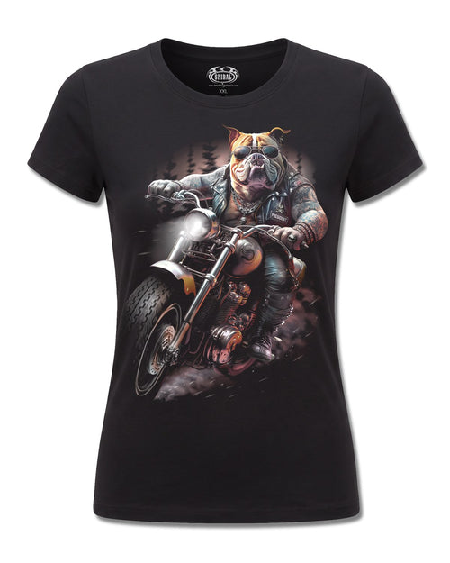 Spiral Top Dog design, front view on Black F775, Rock Off Retail official merch