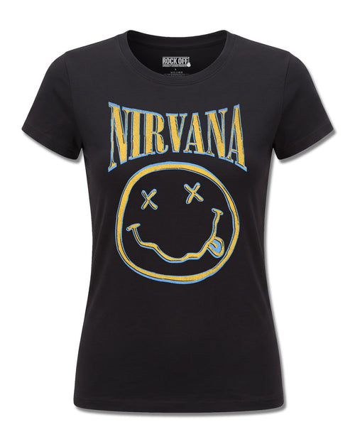 Nirvana Yellow Happy Face (Nirvana) design, front view on Black F775, Rock Off Retail official merch