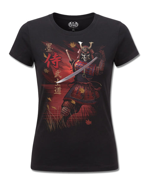 Spiral Samurai design, front view on Black F775, Rock Off Retail official merch
