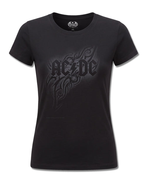 AC/DC Tribal (AC/DC) design, front view on Black F775, Rock Off Retail official merch