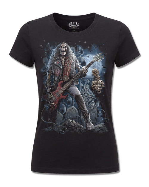 Spiral Grim Rocker design, front view on Black F775, Rock Off Retail official merch