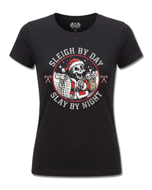 Spiral Slay By Night design, front view on Black F775, Rock Off Retail official merch