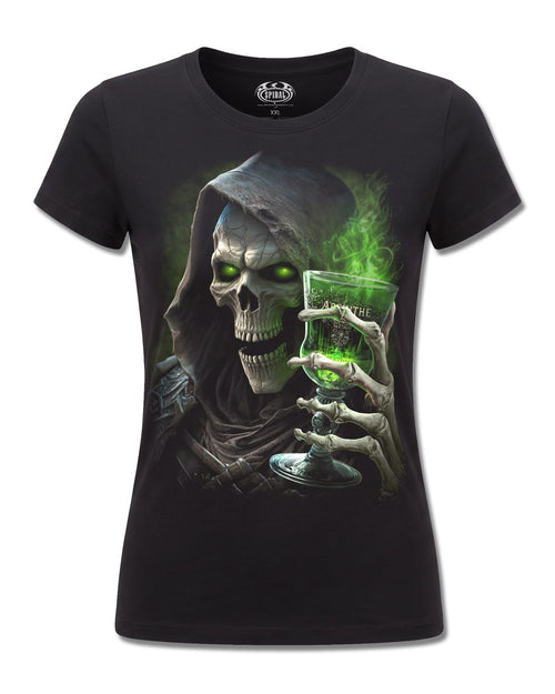 Spiral The Green Fairy design, front view on Black F775, Rock Off Retail official merch