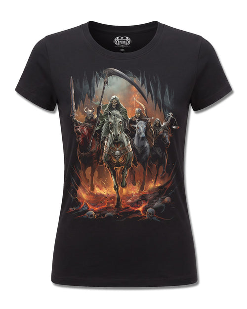 Spiral Revelation design, front view on Black F775, Rock Off Retail official merch