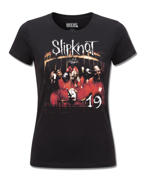 Slipknot Debut Album 19 Years (Slipknot) design, front view on Black F775, Rock Off Retail official merch