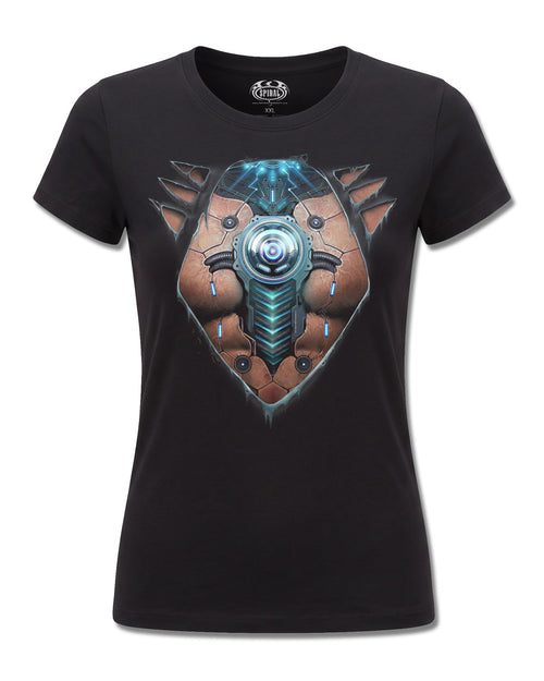 Spiral Cyber Skin design, front view on Black F775, Rock Off Retail official merch