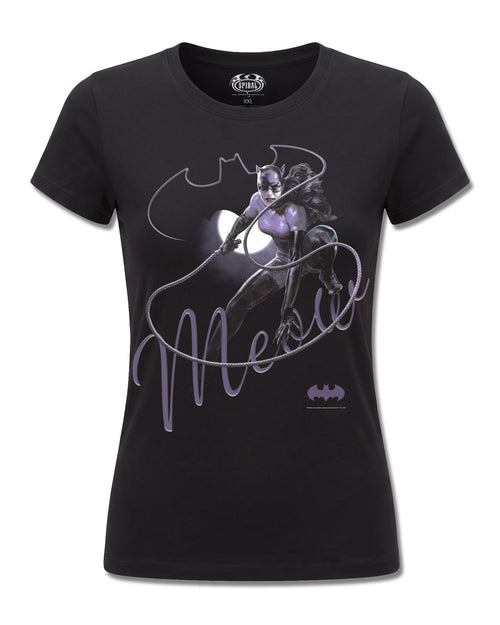DC Comics Catwoman Meow (Batman) design, front view on Black F775, Rock Off Retail official merch