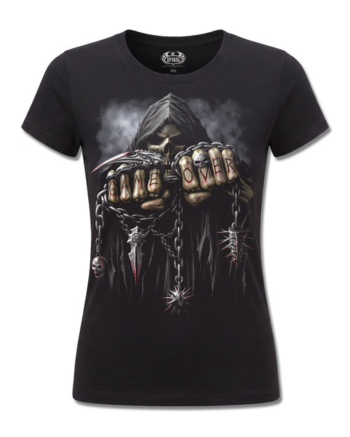 Spiral Game Over design, front view on Black F775, Rock Off Retail official merch