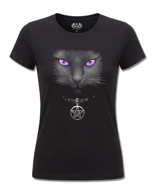 Spiral Black Cat design, front view on Black F775, Rock Off Retail official merch