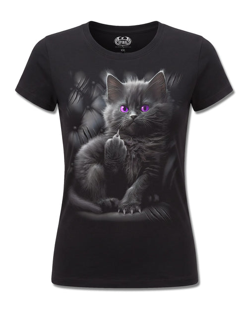 Spiral Cattitude design, front view on Black F775, Rock Off Retail official merch