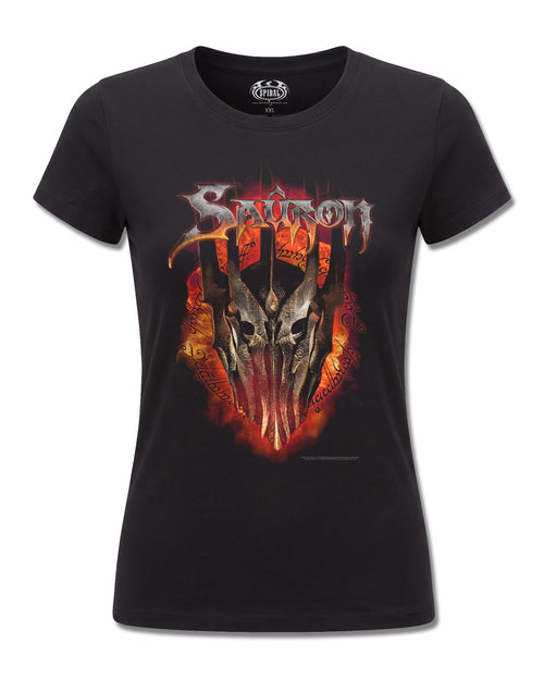The Lord Of The Rings Sauron Metal Tee (The Lord Of The Rings) design, front view on Black F775