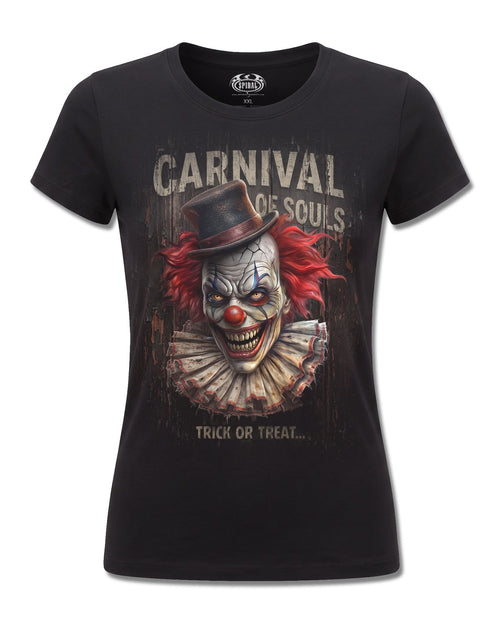 Spiral Carnival Of Souls design, front view on Black F775, Rock Off Retail official merch