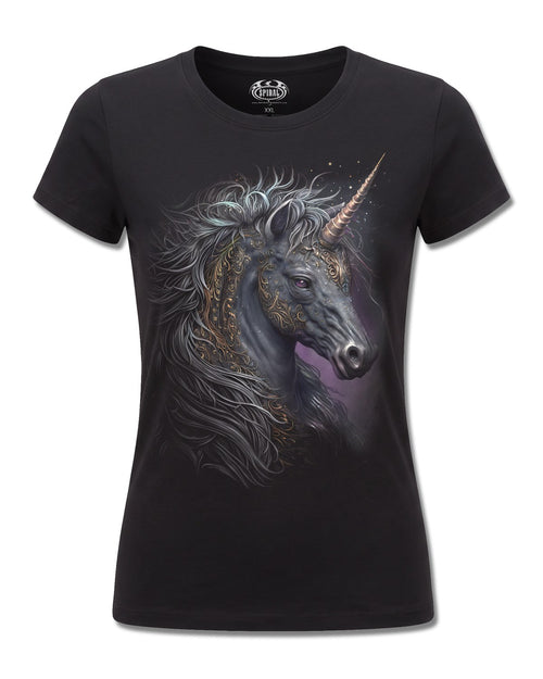 Spiral Celtic Unicorn design, front view on Black F775, Rock Off Retail official merch
