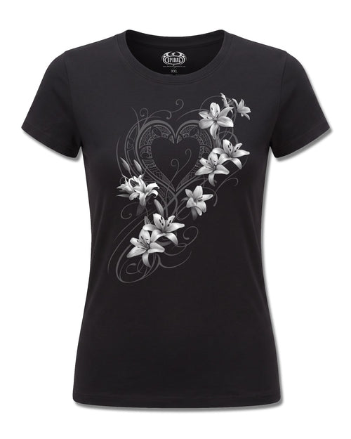 Spiral Pure Of Heart design, front view on Black F775, Rock Off Retail official merch