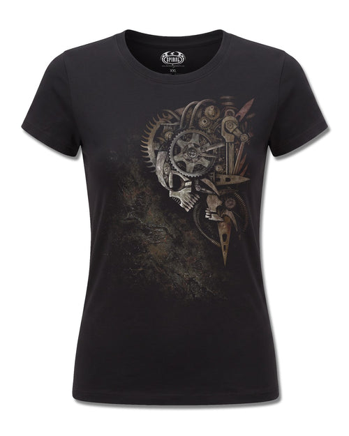 Spiral Diesel Punk design, front view on Black F775, Rock Off Retail official merch