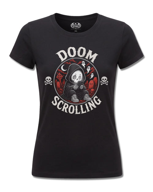 Spiral Doom Scrolling design, front view on Black F775, Rock Off Retail official merch