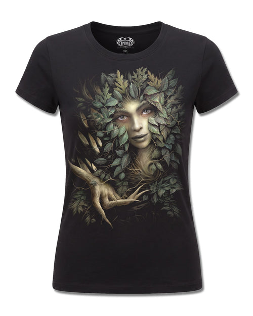 Spiral Woodland Queen design, front view on Black F775, Rock Off Retail official merch