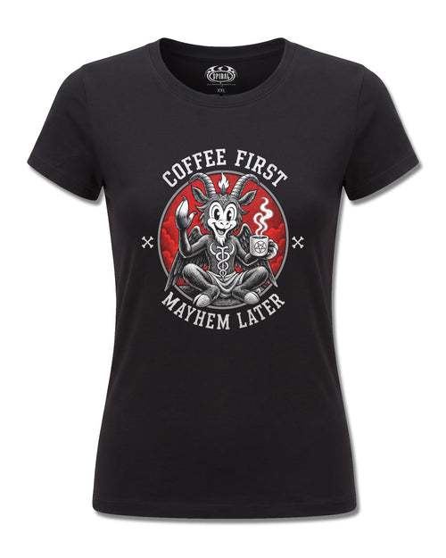 Spiral Coffee And Mayhem design, front view on Black F775, Rock Off Retail official merch