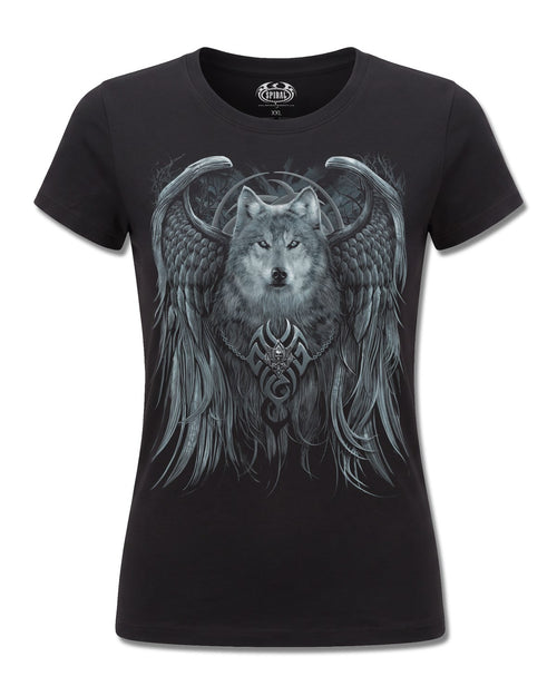 Spiral Wolf Spirit design, front view on Black F775, Rock Off Retail official merch
