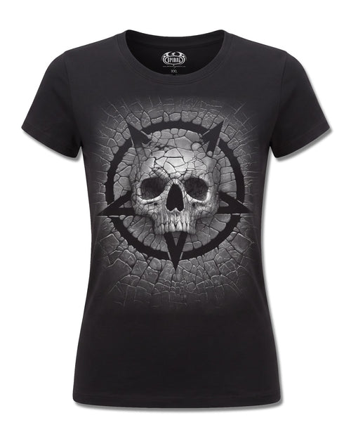 Spiral Cracking Up design, front view on Black F775, Rock Off Retail official merch