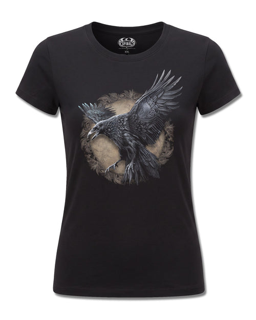 Spiral Raven Wise Wings design, front view on Black F775, Rock Off Retail official merch