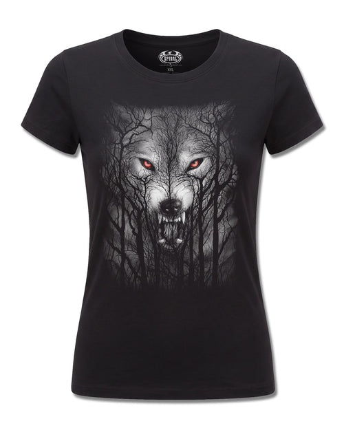Spiral Forest Wolf design, front view on Black F775, Rock Off Retail official merch