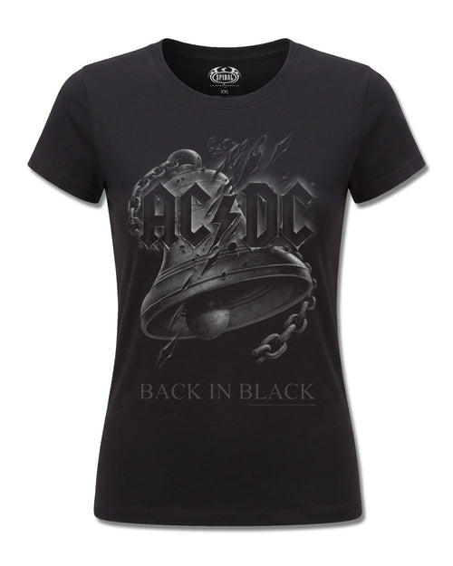 AC/DC Back In Black Torn (AC/DC) design, front view on Black F775, Rock Off Retail official merch