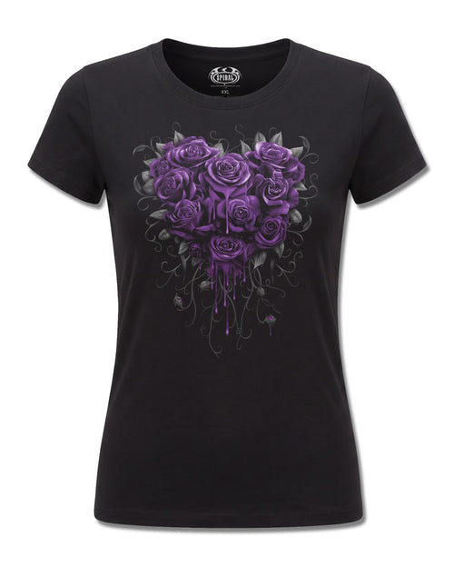 Spiral Bleeding Heart design, front view on Black F775, Rock Off Retail official merch
