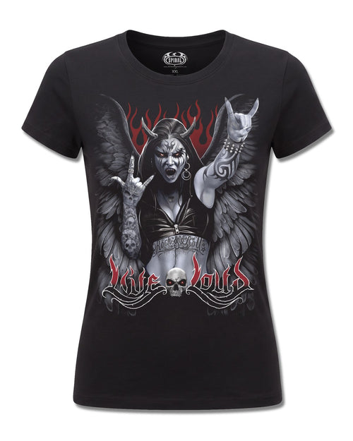 Spiral Rock Loud design, front view on Black F775, Rock Off Retail official merch
