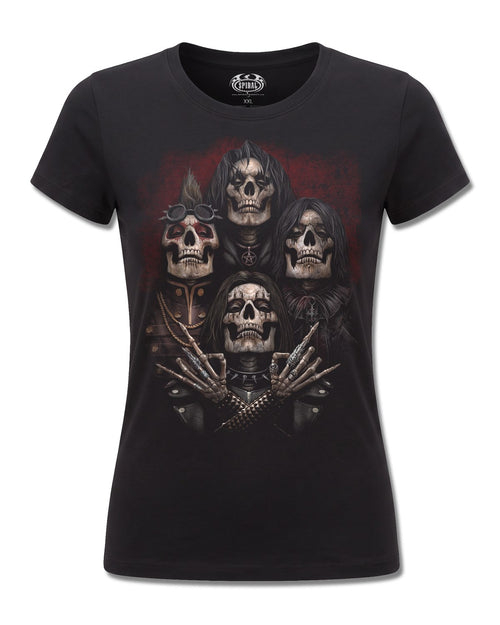 Spiral Faces Of Goth design, front view on Black F775, Rock Off Retail official merch
