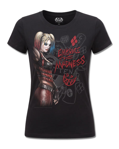 DC Comics Harley Quinn Embrace Madness (Harley Quinn) design, front view on Black F775, Rock Off Retail official merch