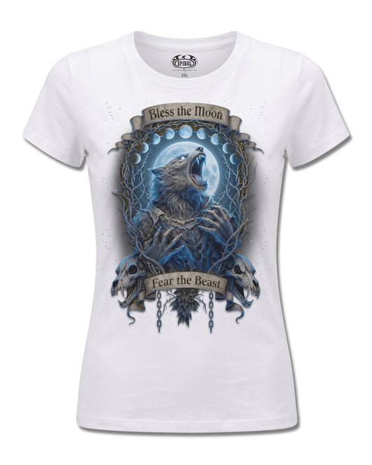 Spiral Fear The Beast design, front view on White F776, Rock Off Retail official merch