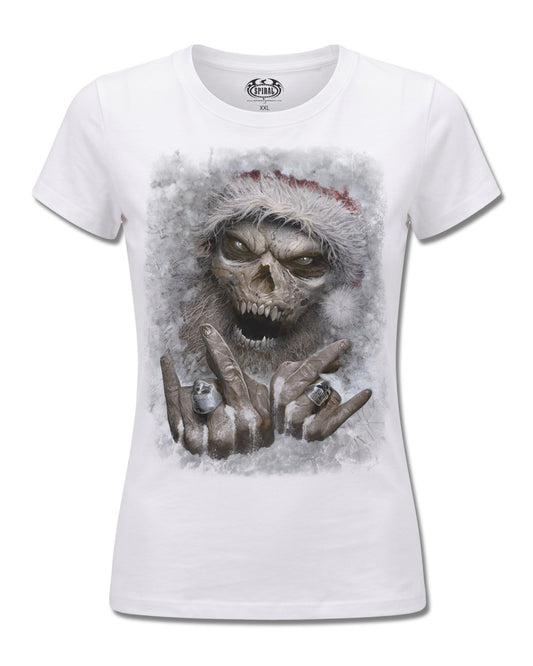 Spiral Rock Santa design, front view on White F776, Rock Off Retail official merch
