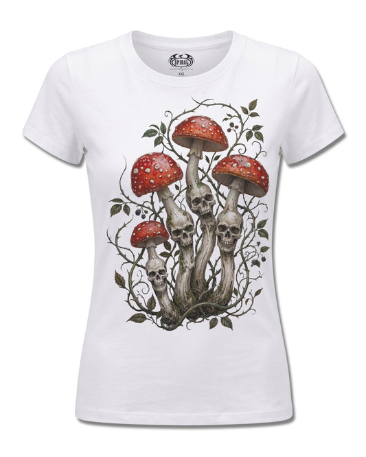 Spiral Shrooms design, front view on White F776, Rock Off Retail official merch
