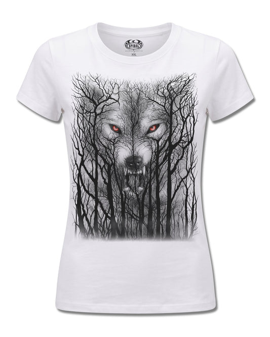 Spiral Forest Wolf design, front view on White F776, Rock Off Retail official merch