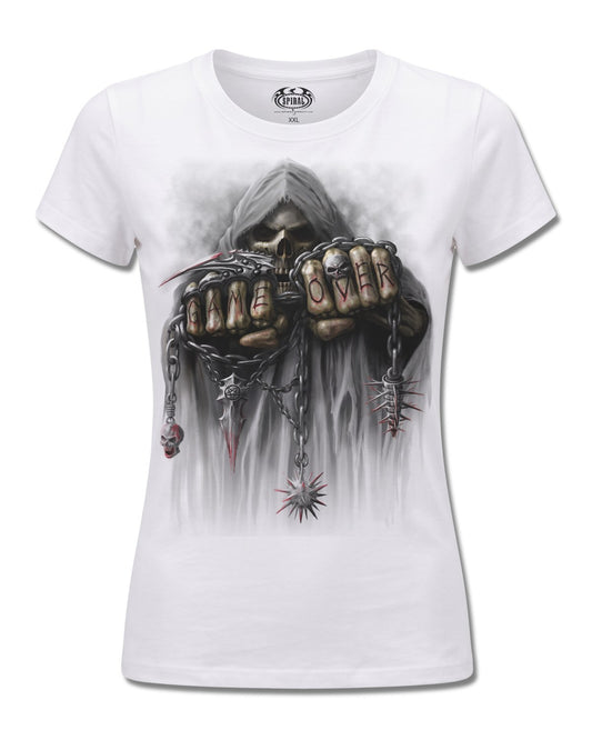 Spiral Game Over design, front view on White F776, Rock Off Retail official merch