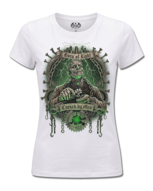 Spiral Cursed By Men design, front view on White F776, Rock Off Retail official merch