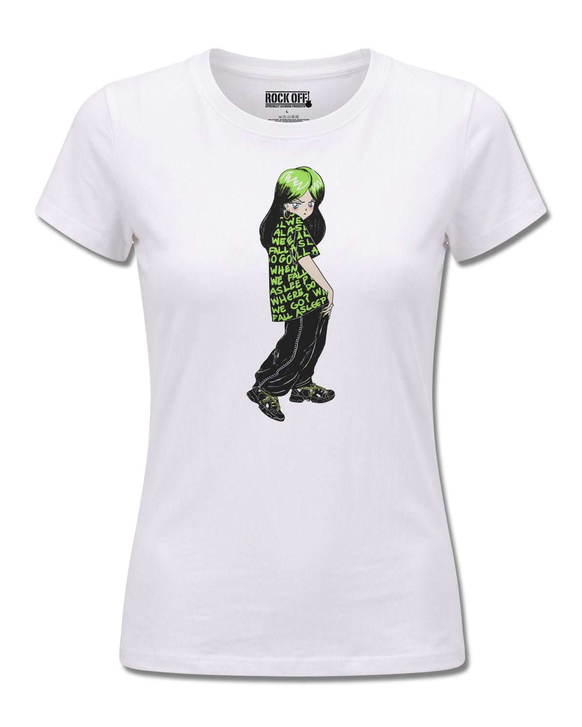 Billie Eilish Anime Billie (Billie Eilish) design, front view on White F776, Rock Off Retail official merch