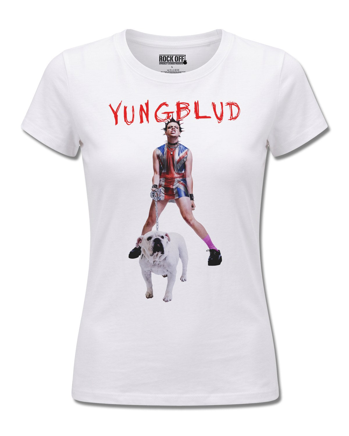 Yungblud Strawberry Lipstick (YUNGBLUD) design, front view on White F776, Rock Off Retail official merch