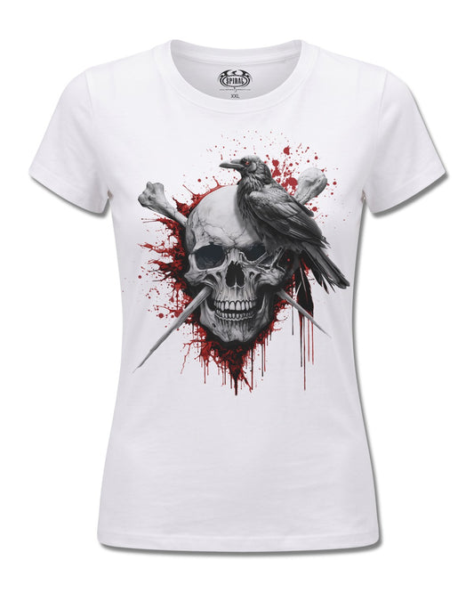 Spiral Death Raven design, front view on White F776, Rock Off Retail official merch
