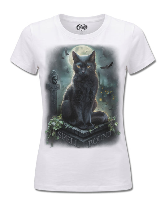 Spiral Spell Bound design, front view on White F776, Rock Off Retail official merch