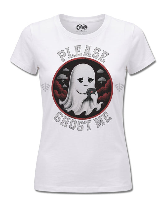 Spiral Ghost Me design, front view on White F776, Rock Off Retail official merch