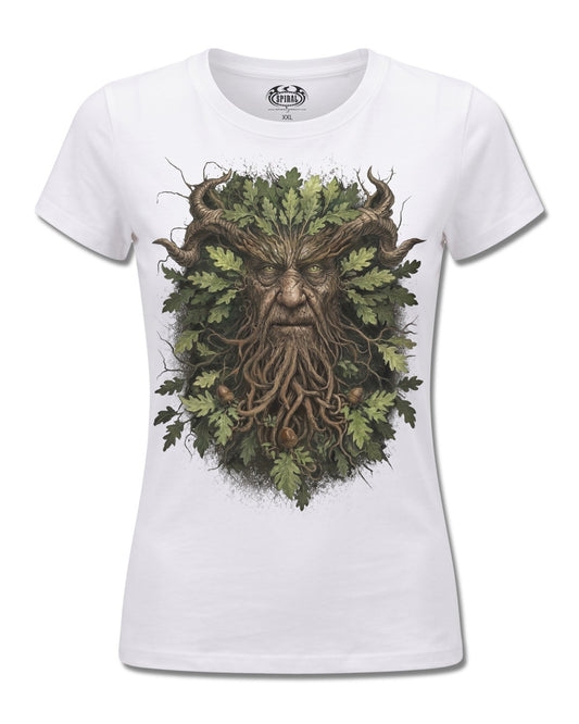 Spiral Woodland King design, front view on White F776, Rock Off Retail official merch